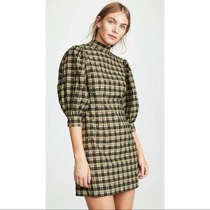 Ganni Seersucker Checkered Puff Sleeve Mini Dress